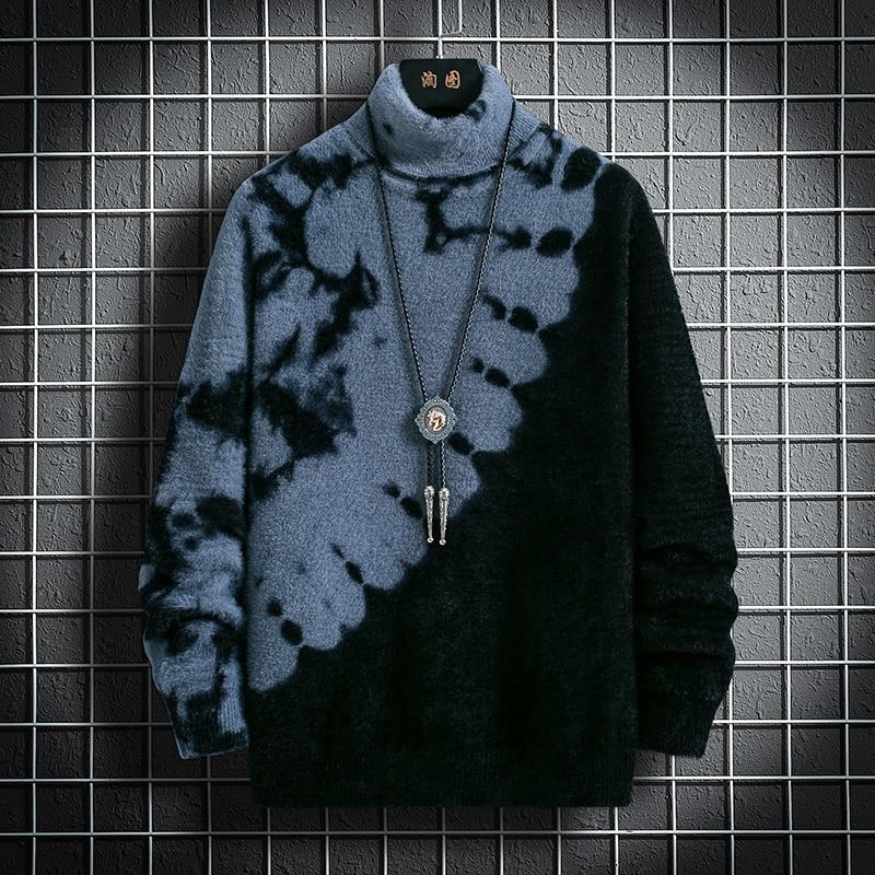 Sweater Winter Men's Knitted Pullover Casual Hip Hop Print Warm Turtleneck Imitation Mink Sweaters Man Tops