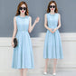 Womens Dress Summer Solid Color Pleated Chiffon Sleeveless Elasticated Belted Party Dress Womens