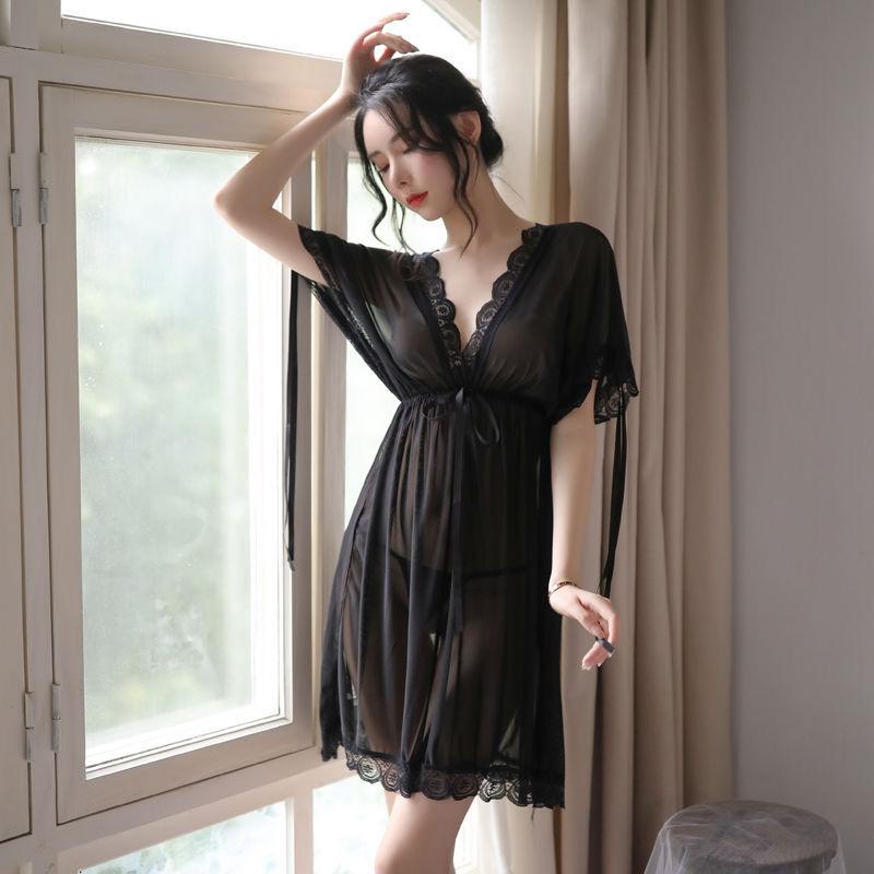 Plus Size Women's Sexy Mesh Nightdress Summer Transparent See-through Lace Suspenders Short-sleeves Two-wear Sexy Nightdress