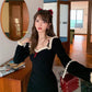 Girl Retro Elegant Temperament Waist Was Thinner Shoulder Lace Knitted Dress Autumn  Winter