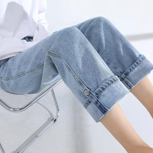 WTEMPO Adjustable trouser length Women's High Washed Denim Waist Wide Leg Pants Straight-leg Pants Super Long Loose Casual
