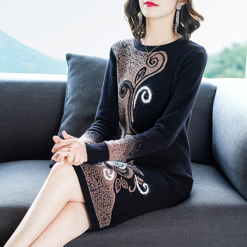 Autumn Winter High-end Women Thick Sweater Long Round Neck Print Long-sleeved Sweater Dress Slim Stretch Warm Base Pullover Sweater