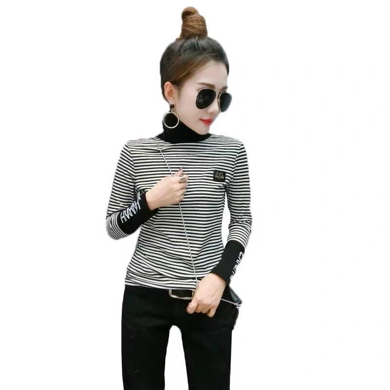 Black and white striped sweater women winter Turtleneck Pullovers long sleeve velvet thicken sweater