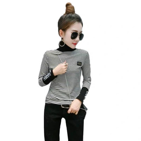 Black and white striped sweater women winter Turtleneck Pullovers long sleeve velvet thicken sweater