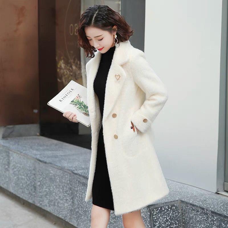 Imitation Mink Velvet Plus Cotton Thick Woolen Women's Coat Winter Fashion Slim Mid-length All-match Coat