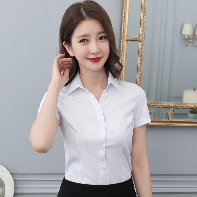 Summer V-neck Professional Shirts Women's Formal Short-sleeved Shirts Workwear Women's White-collar Overalls White Shirts