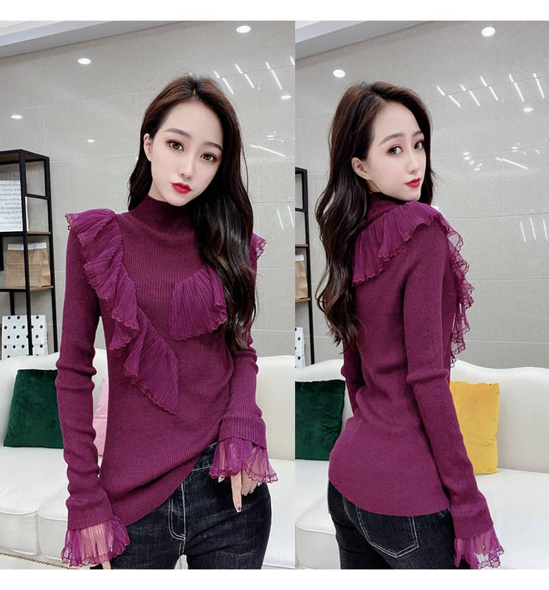 Women Sexy Lace Ruffles Base Jumper Turtleneck Solid Color Knitwear Slim Bottoming Sweaters