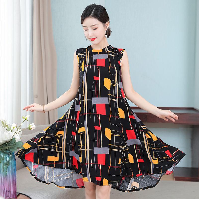 Women Cotton Silk Dress Summer Mother Sleeveless Mid-length Loose Large Home Night Skirt Beach Skirt