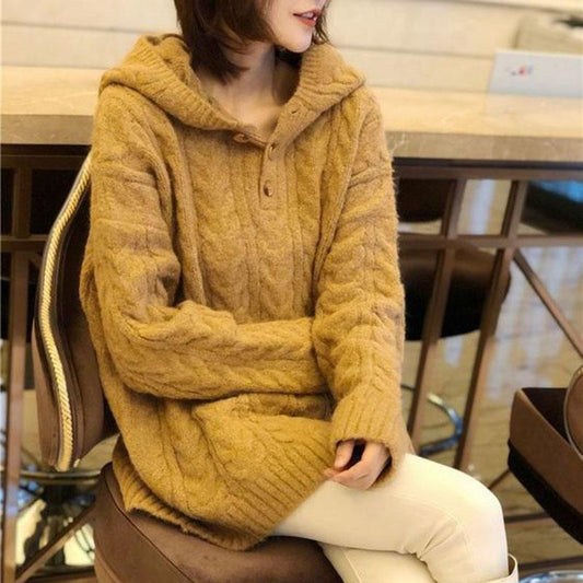 Autumn and Winter Retro Hoodie Solid Color Pullover Knitted Sweater Fashion Simple Style Female Top