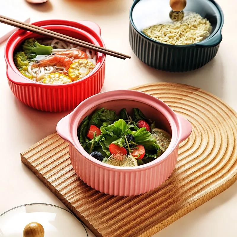 Nordic Style Ceramic Instant Noodle Bowl with Lid Binaural Soup Bowl Student Dormitory Rice Bowl Large Fruit Dish