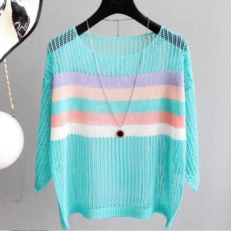 Cutout Knit Sun Blouse Loose Thin Top Women's Contrast Stripe Cutout Hollow Knit Sweater Women's Sexy See-through Dress