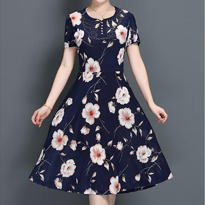 Plus Size XL-XXXXXL  Women Summer Mid-length Printed Mom A-line Skirt  Over-the-knee Dress Short Sleeve