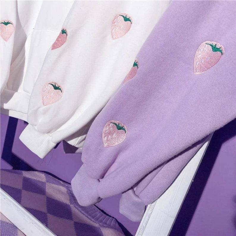 Lilac Color Strawberry Embroidered Hoodie Kawaii Harajuku Clothing Soft Aesthetic Sweatshirt Anime Sweatshirt Kawaii Clothing Hoodies Cute