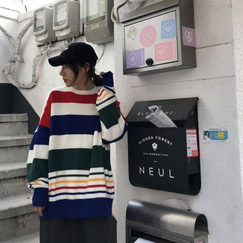 Pofulove Striped Sweater Loose Autumn Winter Korean Lazy Wild Round Neck Pullover Coat Schoolgirl