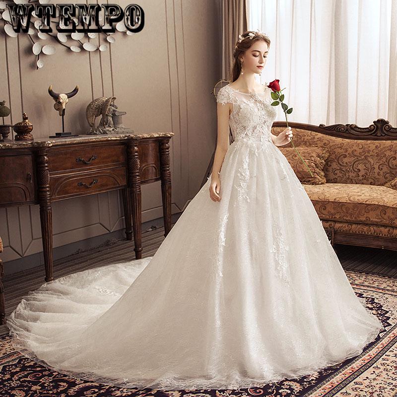 White Lace Appliques Ball Gown Wedding Dresses backless Short Sleeves Vestido De Noiva