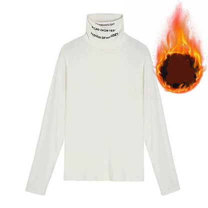 Pofulove Women's Turtleneck Thick Sweater Winter Plus Velvet Turtleneck Long-sleeved Wild Shirt