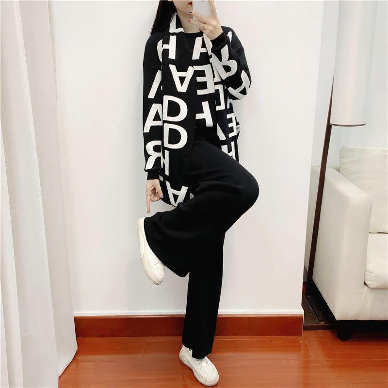 3pcs/set Knit Suit Women's Causul Letters Printed Knitted Sweater + Scarf+Knitted Pants 3 Piece Set Ladies Outfits Autumn Spring