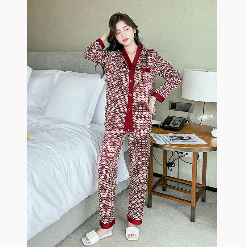 Women's Spring Autumn Red Pajamas Set Silk Long-sleeved V-neck Shirt Pants Two-piece Set Out Wear Large Size Loose Thin Homewear Luxurious Nightgowns