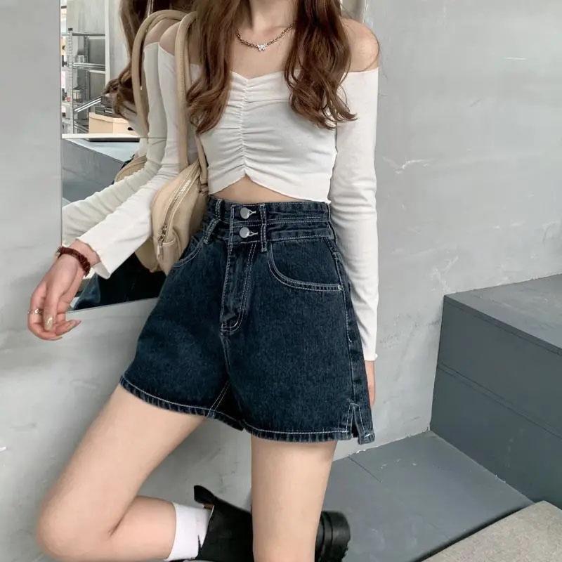 Women's Retro High-waisted Denim Shorts Summer Korean Version Ins Loose and Thin Slit Wide-leg Pants Student A-line Short Pants