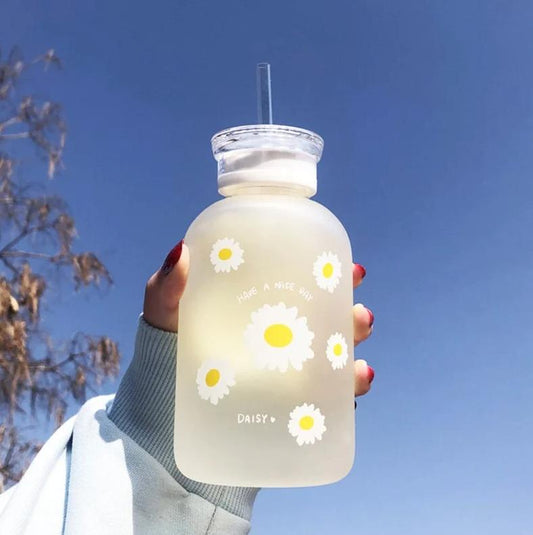 2 Lids Cute 500ml Daisy Clear / Frosted Borosilicate Glass Water Bottle | BPA FREE | High Quality Food Grade Material | Gifts for Her