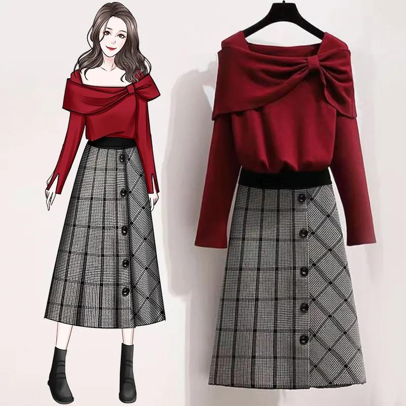 Women's Fall/winter Suit Women's Age-reducing Knit Sweater Sweater and Plaid DressTwo-piece Suit