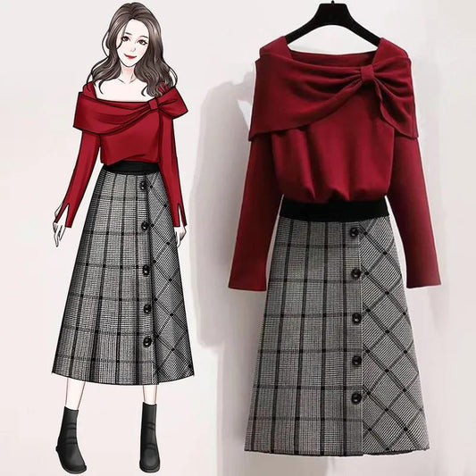 Women's Fall/winter Suit Women's Age-reducing Knit Sweater Sweater and Plaid DressTwo-piece Suit