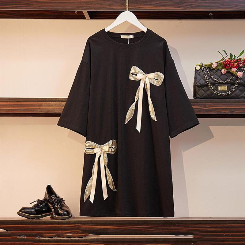 Big Bow Decoration Women Dress Girl Loose O-Neck Batwing Sleeve Casual Long T-shirt Dress Big Loose Home Comfort Outer Convenient