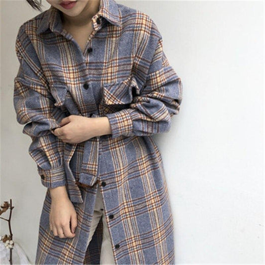 Fashion Plaid Long Woolen Coats Women Winter Korean Casual Loose Single Breasted Jackets Females Streetwear Outwear