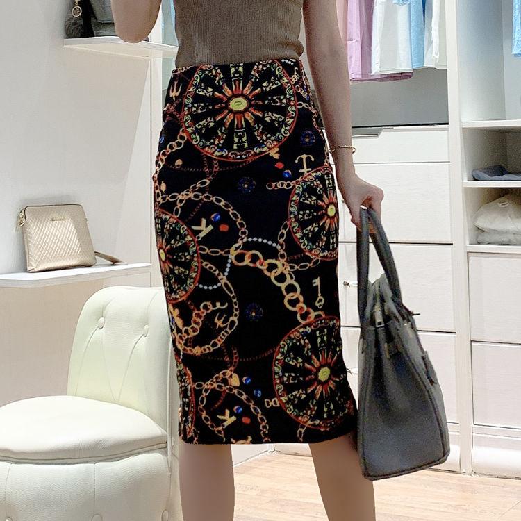 European Women Autumn Print Pencil Skirt High Stretch  Midi Slipt Hip Skirt Female
