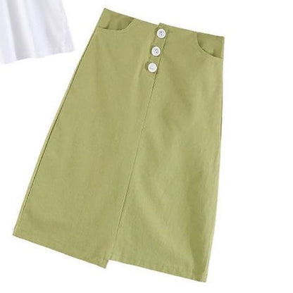 Fashion Skirt Summer Women Skirt Cotton Single-breasted Green Skirt Plus Size Casual Skirts Pocket Sexy Skirts Women