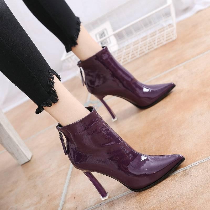 Super High Heels Pointed Zipper at the Back Bright Leather Martin Boots Stiletto Boots