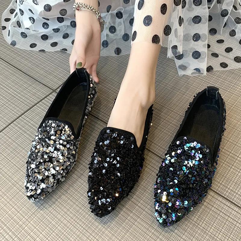 Women's Spring and Summer Pointed Toe Shoes Autumn Low Heel Casual All-match Single Shoes Large Size Soft Bottom Party Sequins Shoes