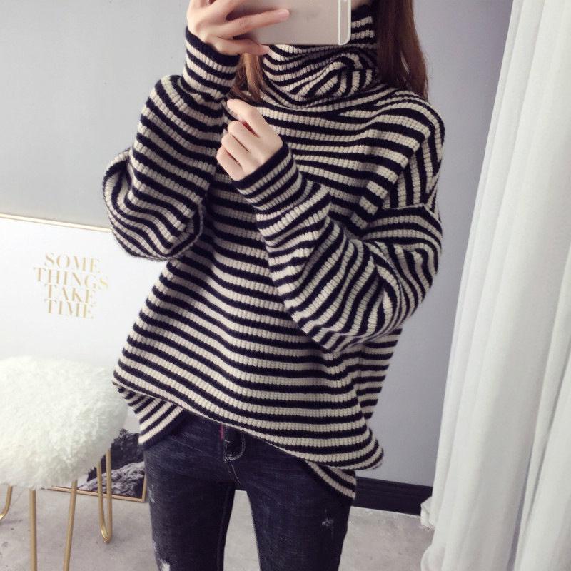 Autumn and Winter High-neck Casual Sweater Striped Pattern Loose Padded Bottoming Shirt Fashion All-match Female Top