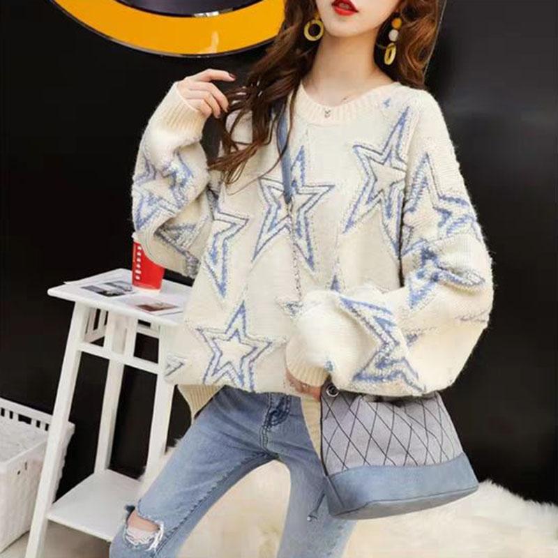 Autumn and Winter Casual Pullover Sweater Loose Casual Knitted Top Star Pattern Female Jacket
