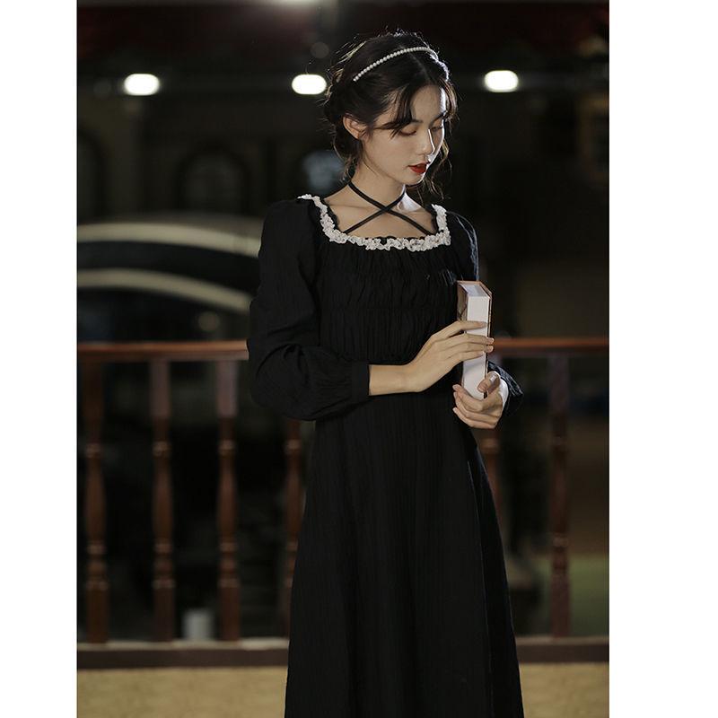 Fairy Party Dress Spring French Retro Small Black Dress Square Collar Lace Long Sleeve Elegant Female Dress
