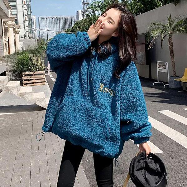 Autumn and Winter Lamb Wool Sweater Female Students Loose Long-sleeved Jacket Hooded Sweater Women