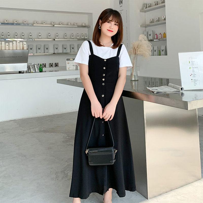 Womens Summer Dresses  Short-sleeved Shirt Top and Long  Strap Dress Two-piece Set Plus Size Outfits