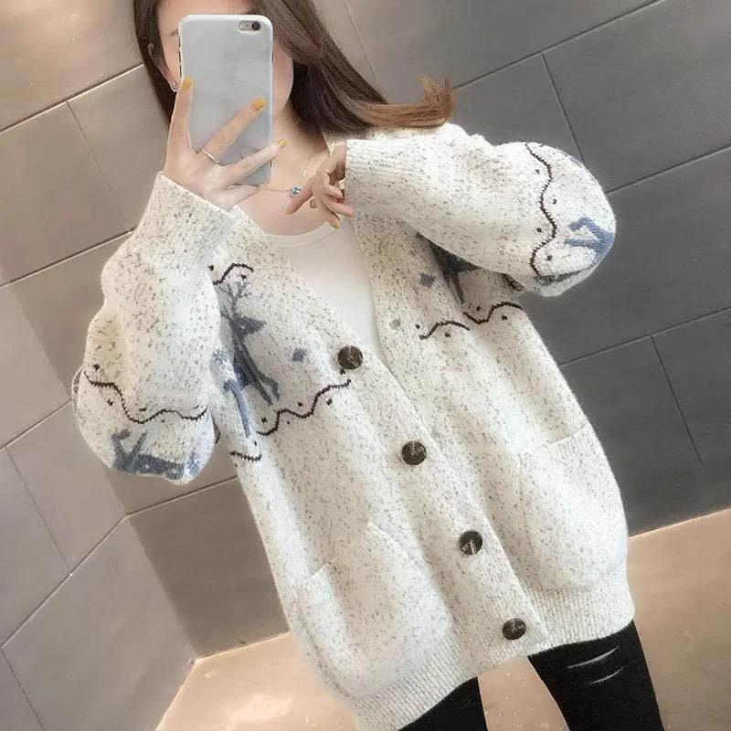 Lazy Style Knitted Cardigan Women's Autumn and Winter Loose School Style V-neck Long-sleeved Sweater Jacket