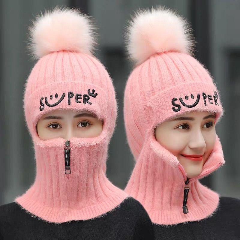 Zipper Hat Autumn and Winter Knitted Ear Protection Woolen Cap Mask Warmth and Velvet Thickening All-match Cycling Hood