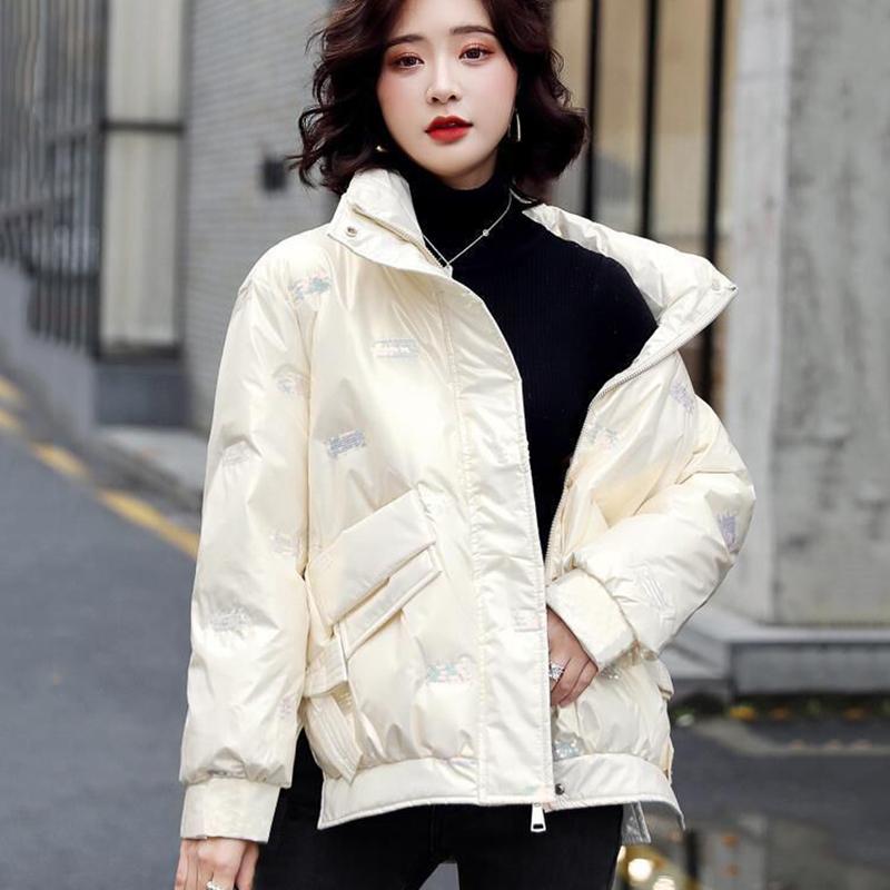 Women's Bright Print Short Down Jacket Winter Korean Loose Quilted Jacket Casual Stand-up Collar Hooded Down Jacket Quilted Jacket