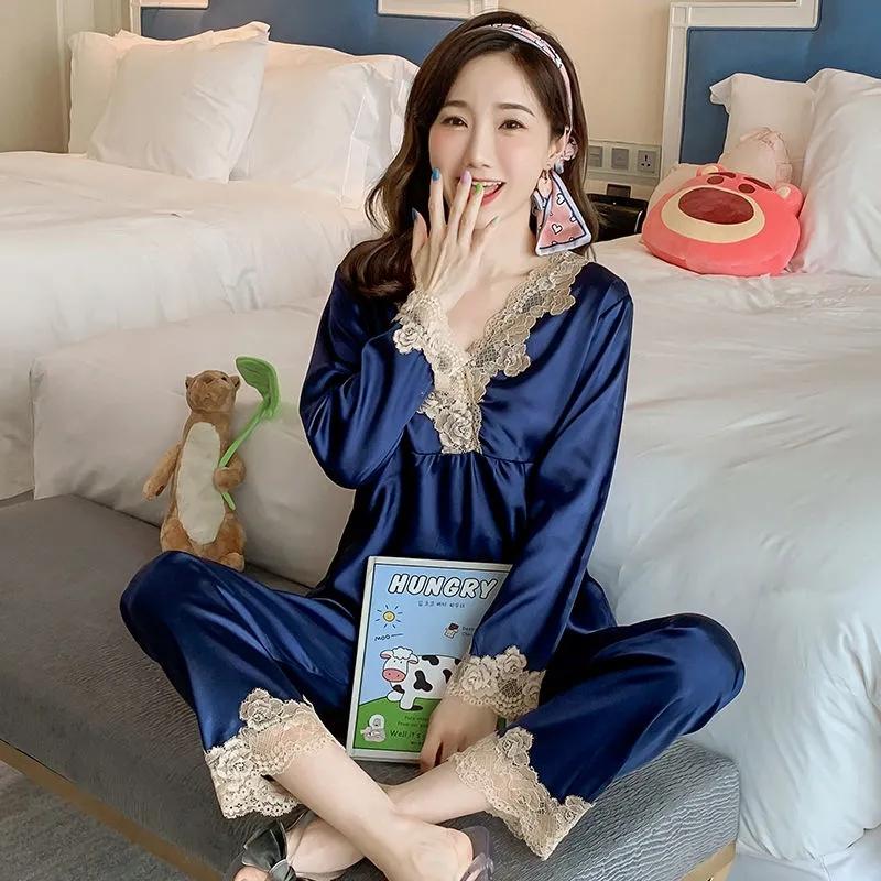 Women's Long Sleeve Silk Polyester Pajamas Spring Autumn Sexy Ladies Ice Silk Thin Lace Homewear Set Loose Breathable Pyjamas Solid Glossy Nightgowns