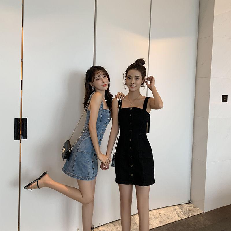 Tight Sexy Off-the-shoulder Women's Denim Dress Single Breasted Suspender Skirt  Knee-length Daily Wear Office Dating Party