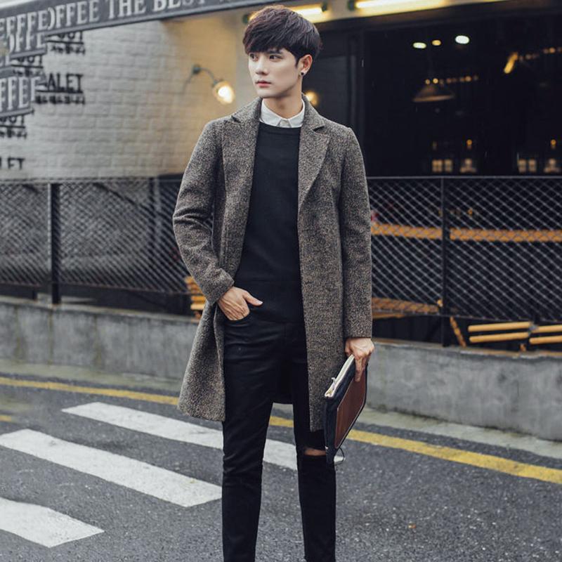 Windbreaker Men's Autumn and Winter Casual Mid-length Woolen Coat Men's Jacket Fashion Handsome Woolen Coat