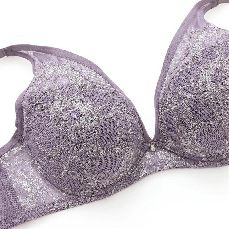 Ladies Lace Sexy Embroidered Bra Gathered for Small Breast Women's Lace Mesh Comfortable Adjustable Brassiere Deep V Neck Full Cup Solid Underwear