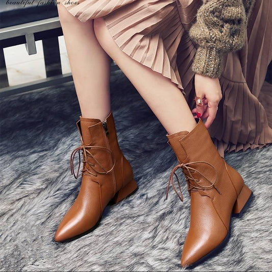Fashion Ankle PU Women Basic Boots Pointed Toe Vintage Boots High Square Heel Slip-On Big Size Shoes