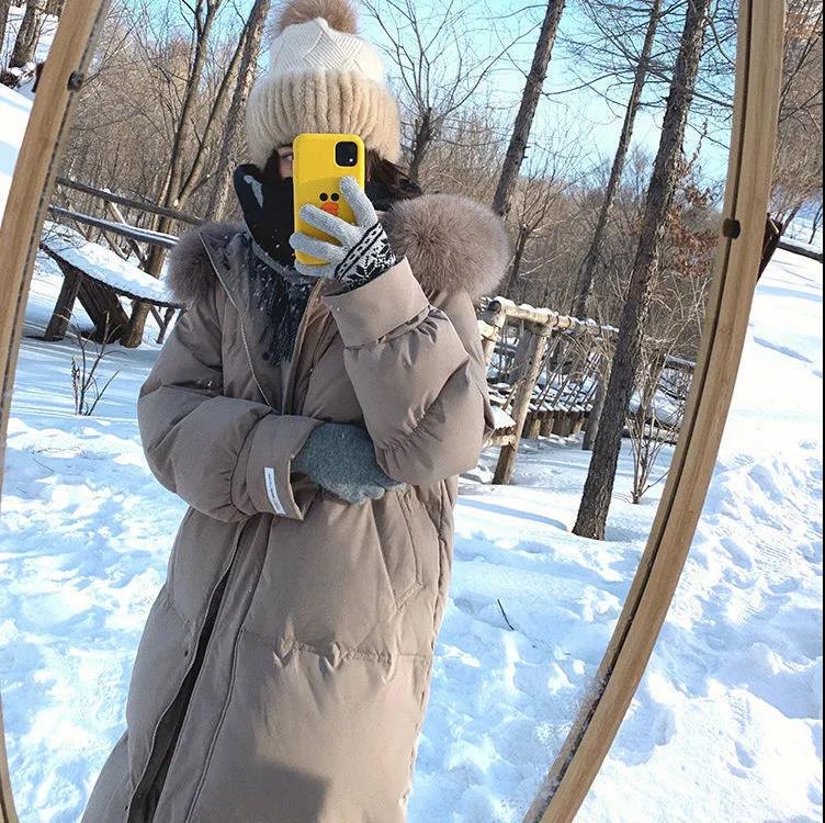 Down Jacket Women's Mid-length Big Fur Collar Korean Fashion Loose Thick Over-knee Winter Hooded Jacket Tide