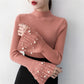 Flared Sleeves Pullover Sweater Women Autumn and Winter Slim Beaded Sweater All-match Bottoming Shirt