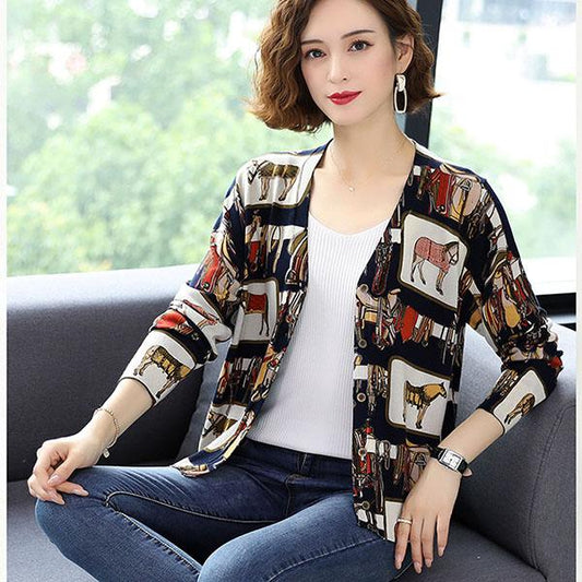 Autumn Winter Women's Knitted Sweater V-neck Bottoming Shirt Fashion Printing Sweater