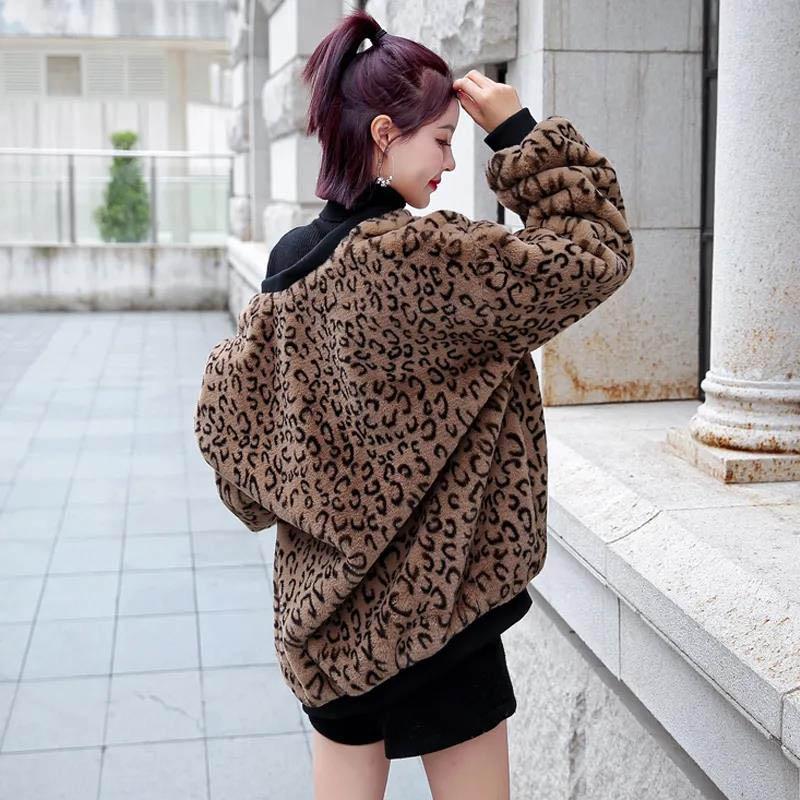 European Women's Leopard Fur Coat Autumn and Winter Imitation Mink Velvet Plus Size Loose Coat Mid-length