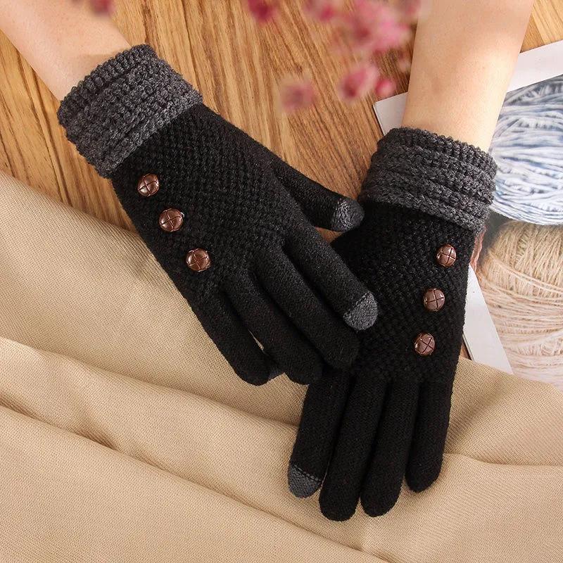Touch Screen Gloves Ladies Winter Warm Plus Velvet Thick Korean Version Knitted Wool Five-finger Gloves